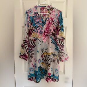 Raj Cailana 100% cotton printed floral embroidered long sleeve tunic top women M